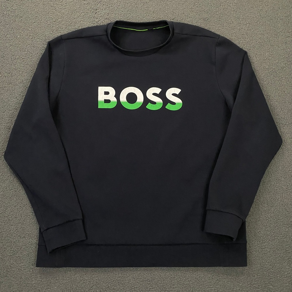 Hugo Boss Sweatshirt Mens XL Black Logo Pullover Double Knit Crewneck Sporty